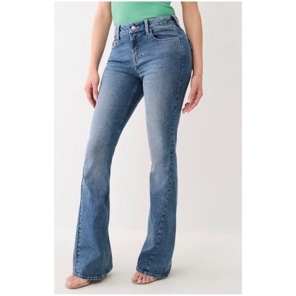 True Religion Women’s 26 NWT Joey Flare Jeans Mid Rise Flap Pocket Stretch Denum - Picture 1 of 15
